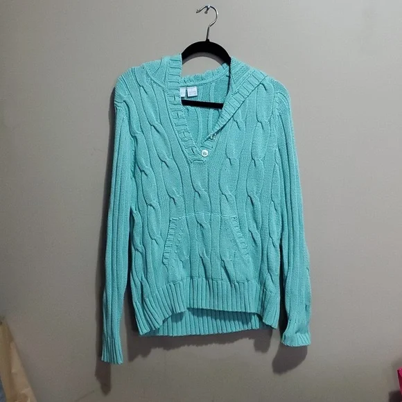 Teddi mint green hooded cable knit sweater size large - Picture 1 of 4